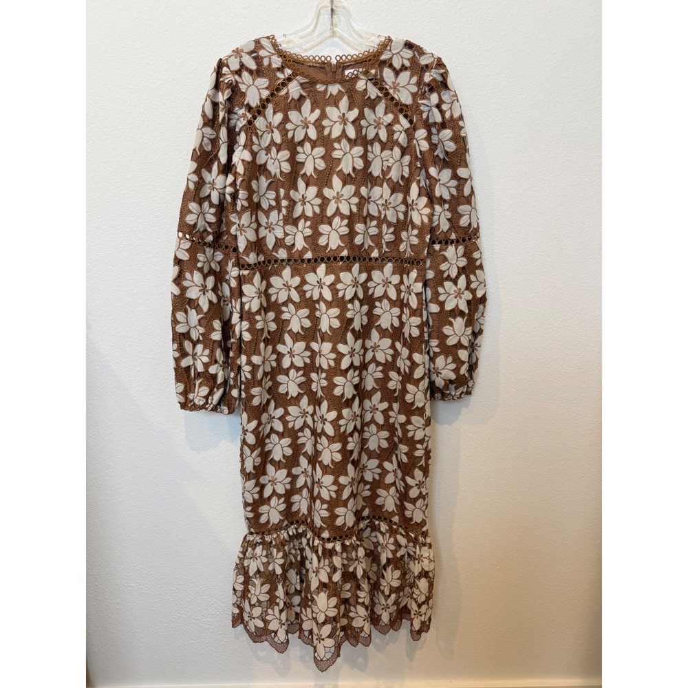 Petal + Pup XL Brown Cream Floral Lace Midi Dress Long Sleeve Boho Cottagecore